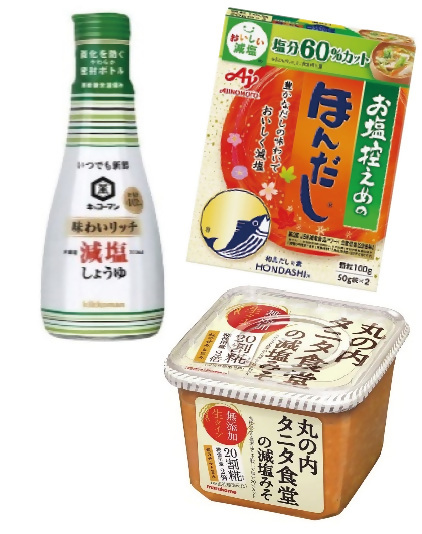 減塩食品詰め合わせ　キッコーマン本醸造減塩しょうゆ200ml、マルコメ丸の内タニタ食堂の減塩みそ325g、味の素お塩控えめのほんだし100g(13名様)